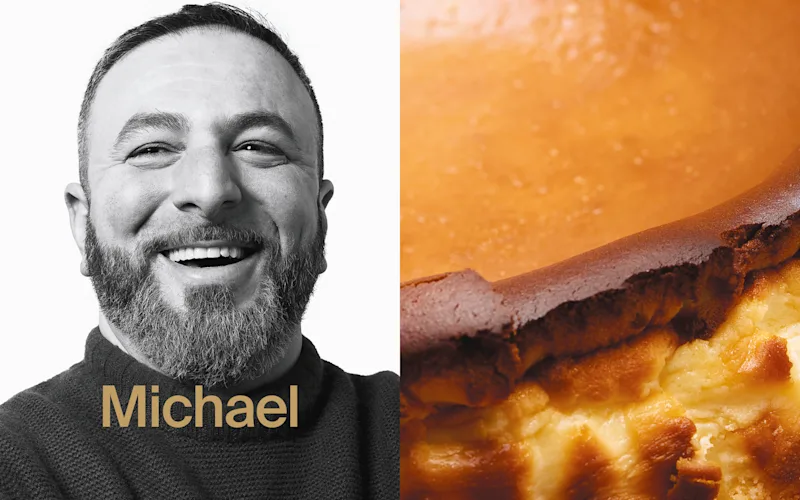 Portrait of Michael Rantissi from Kepos Group and a close up shot of their famous cheesecake.